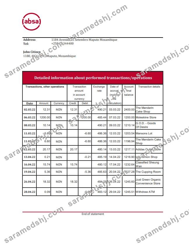 Mozambique ABSA bank statement